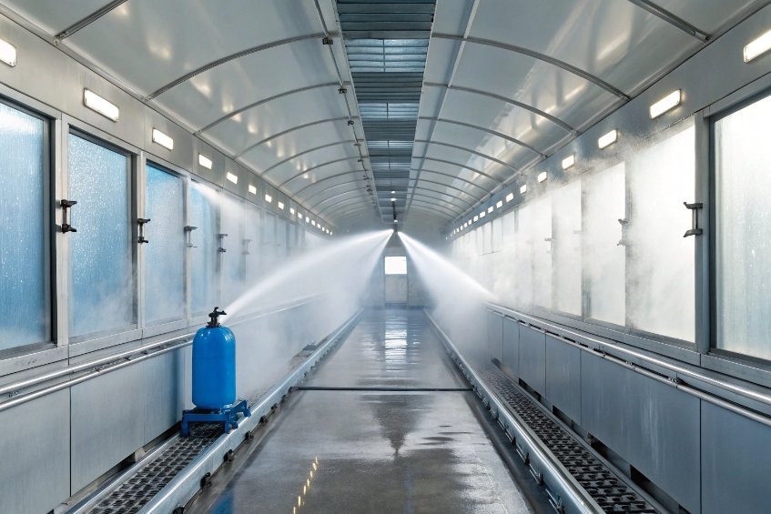 industrial spray tunnel with high pressure water cleaning system for bottles