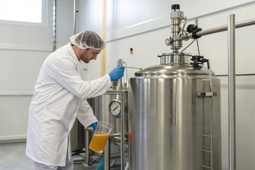 technician sampling orange beverage from stainless steel mixing tank in lab