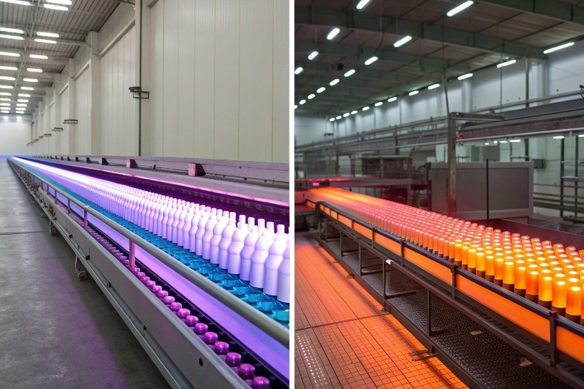 comparison of UV and heat treatment conveyor lines with glowing bottles