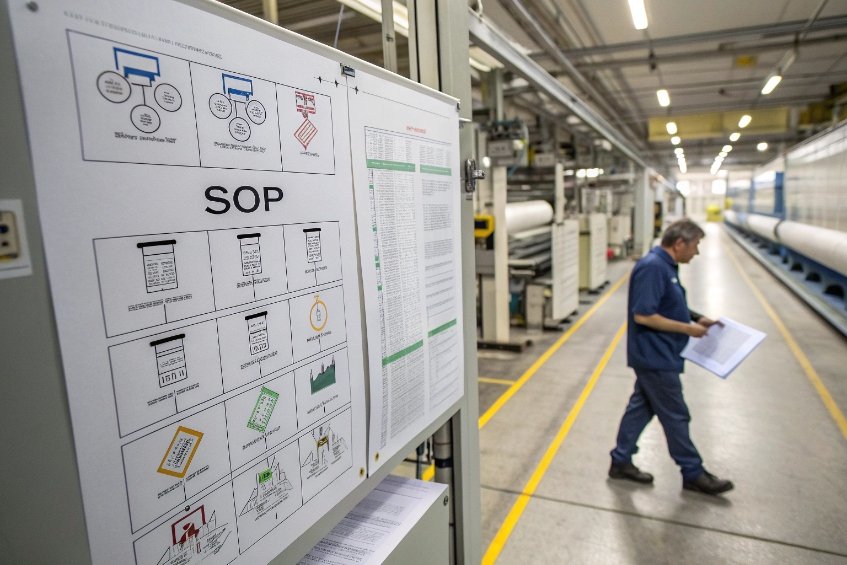 SOP documents posted in glass bottle factory production area with worker checking paperwork