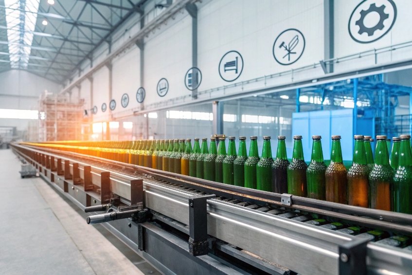 green glass bottles on conveyor in automated beverage factory
