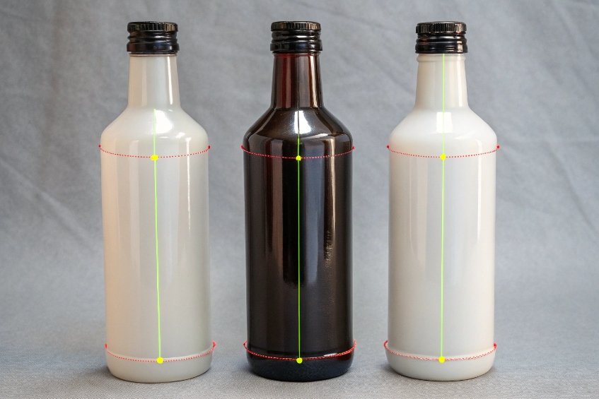 three coated glass bottles showing measurement lines for height and symmetry control