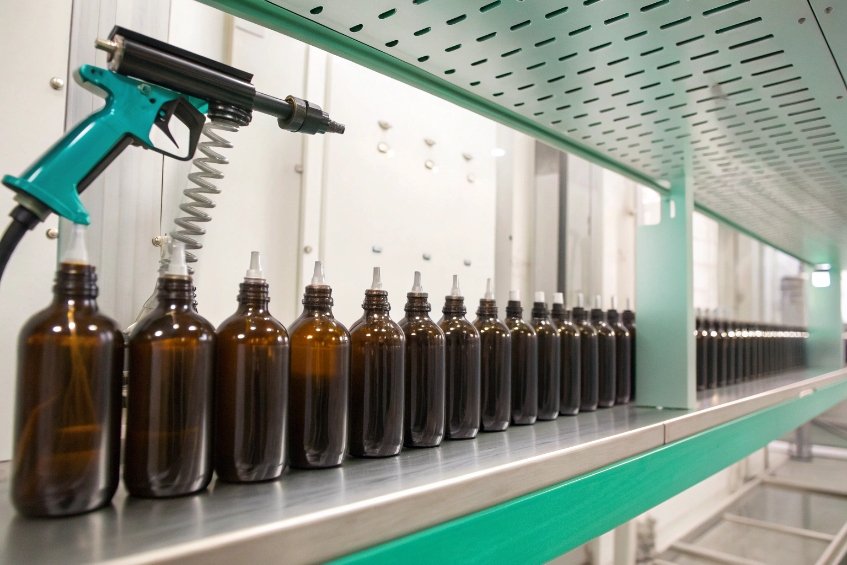 line of amber cosmetic glass bottles beside industrial spray gun in coating booth