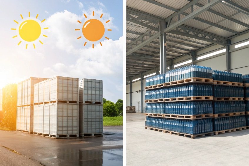 comparison of outdoor and indoor storage conditions for palletized glass bottles