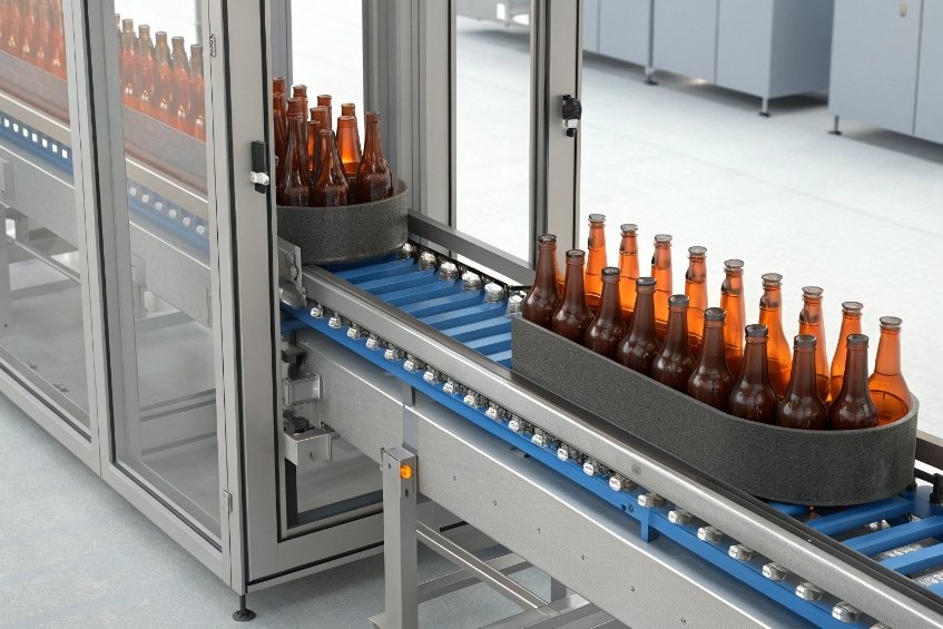 amber beer bottles in protective separator tray moving on conveyor outfeed