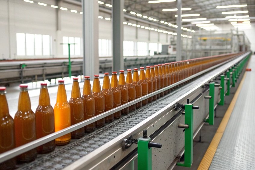 long line of filled amber beverage bottles moving along automated conveyor