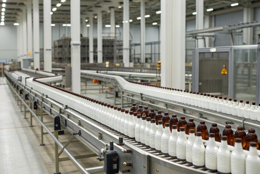 white coated and amber glass bottles traveling on curved conveyor in factory
