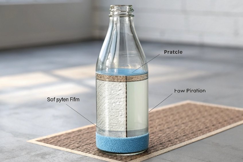 clear glass bottle cutaway showing internal filter media and layered liquid separation
