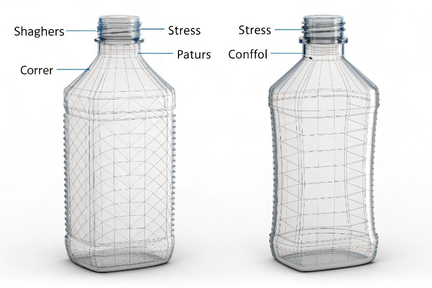 wireframe CAD models of square glass bottles with highlighted stress distribution points