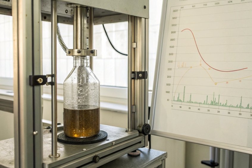 glass bottle under vertical compression test machine beside performance chart