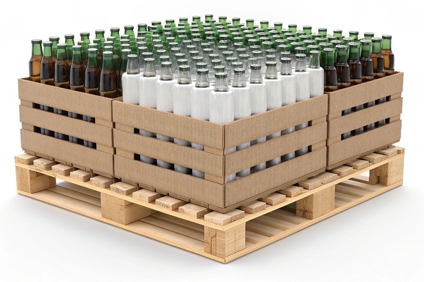 wood pallet loaded with cardboard trays of white green and amber glass bottles