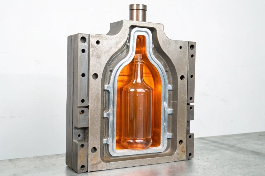 glass bottle inside open metal mould showing shape during forming process