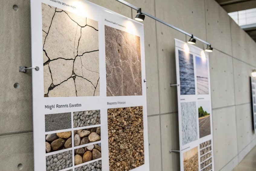 exhibition boards displaying concrete crack patterns and aggregate textures under spotlights on wall