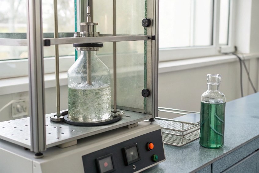 laboratory machine testing strength of glass bottle filled with liquid beside control sample