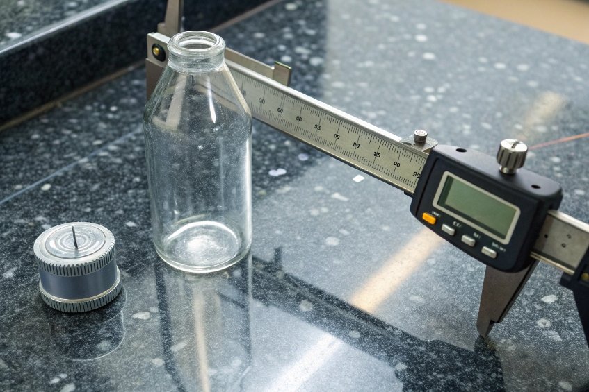 digital caliper measuring dimensions of clear glass bottle on polished granite surface