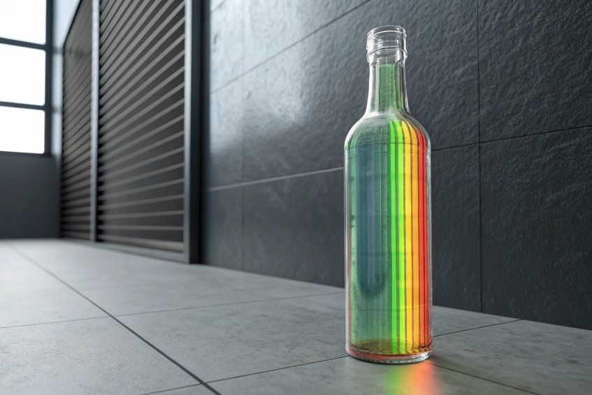 Rainbow glass bottle clear glass bottle with vertical rainbow light reflections standing on grey tiled floor
