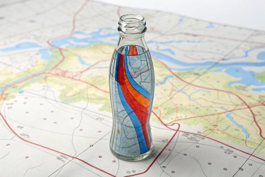 Map design bottle contour map artwork visible through clear glass bottle placed on geographic map