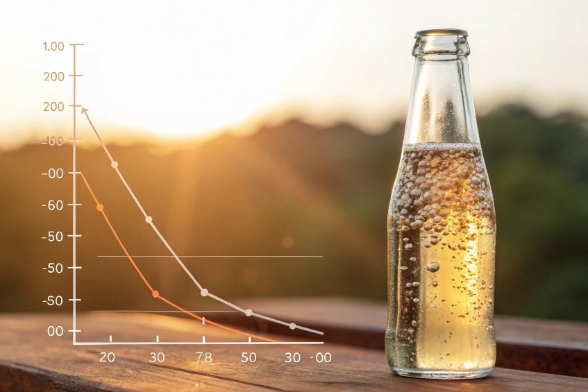 Beverage stability chart sparkling beverage in clear glass bottle with temperature performance chart overlay