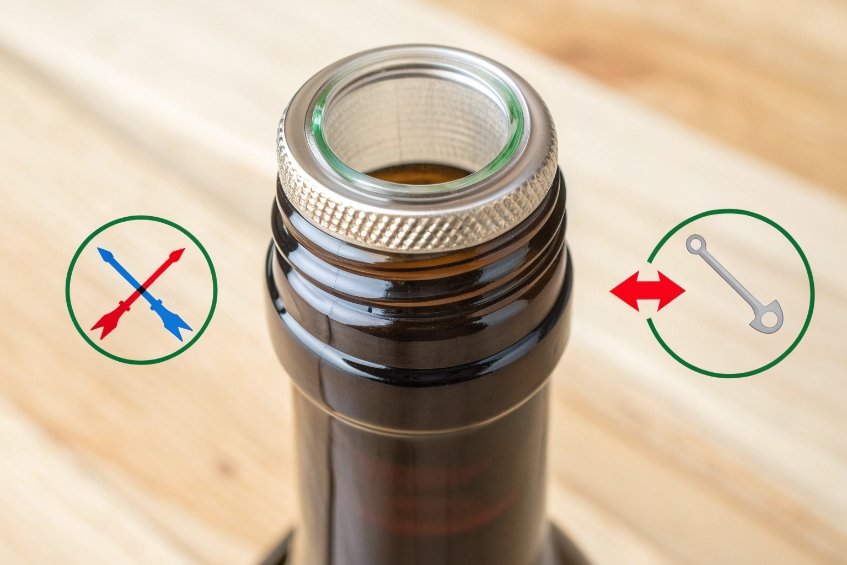 Twist cap closure close up of reusable metal twist cap on brown glass bottle with icon instructions