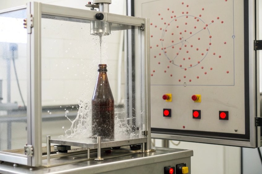 Bottle impact test brown glass bottle in impact test machine with water splash during laboratory testing
