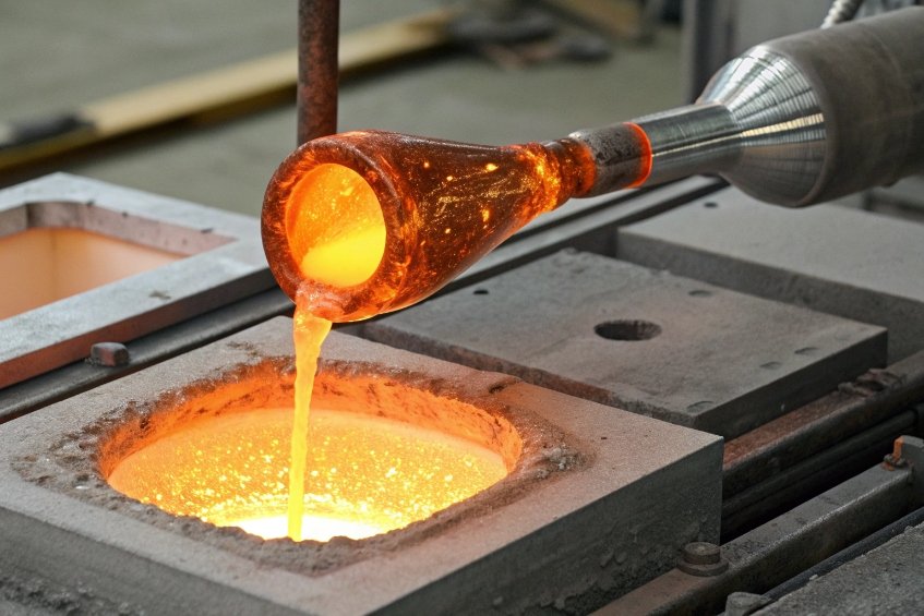 stream of molten glass pouring from forehearth spout into round furnace opening
