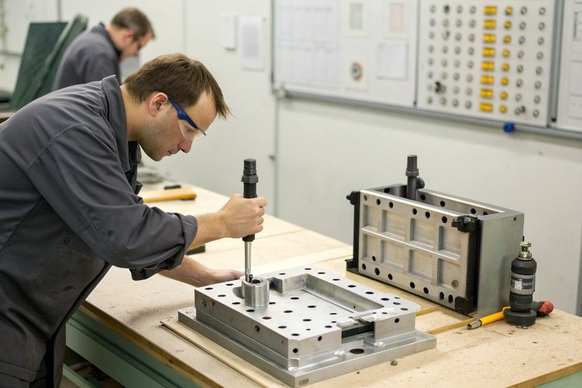 technician in workshop assembling or adjusting metal mould components on workbench