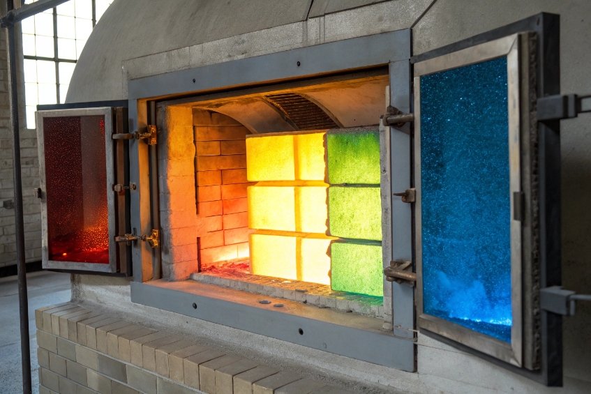 industrial furnace with doors open showing glowing colored glass blocks in red, yellow, green and blue