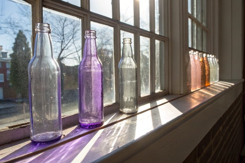 row of empty colored glass bottles on sunny windowsill casting shadows, including purple and clear bottles