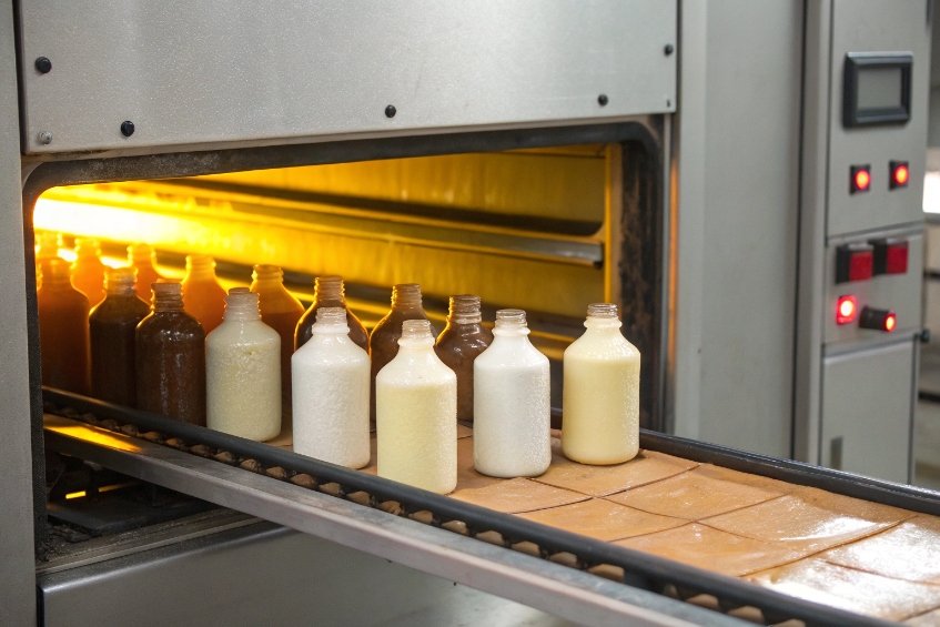 short coated glass bottles on conveyor entering heated industrial oven