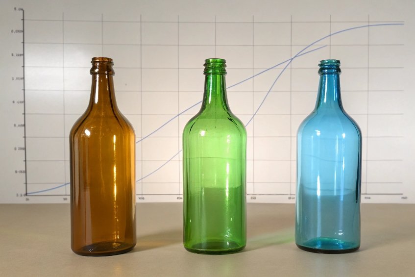 Three empty glass bottles in amber, green, and blue glass standing in a row on a neutral surface in front of a large line graph, suggesting data comparison of different bottle colors