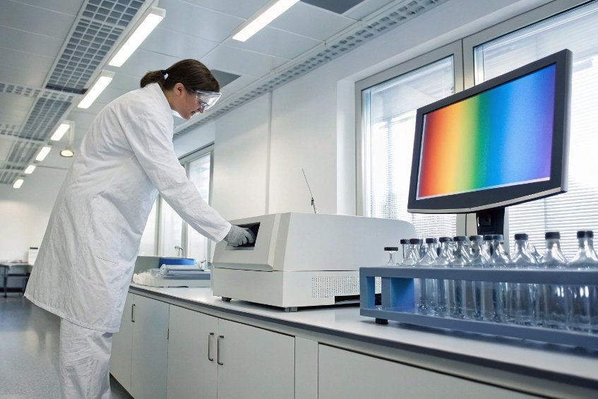 Scientist in a white lab coat and safety glasses operating a benchtop spectrophotometer in a bright laboratory, with a computer monitor displaying a rainbow spectrum and a rack of clear sample bottles beside it