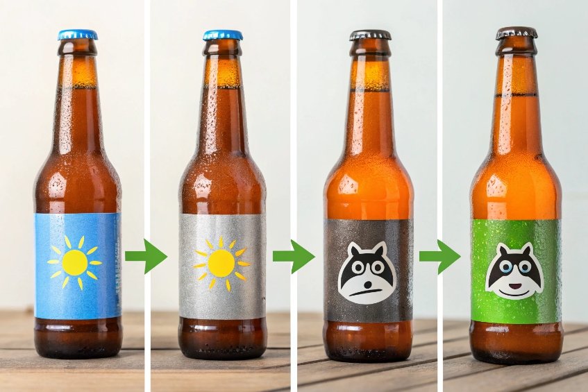 Four-panel progression of the same amber beer bottle showing different label designs: a blue label with a yellow sun, then a metallic silver version, then a gray label with a raccoon face icon, and finally a bright green label with the same raccoon logo, connected by green arrows to show design evolution