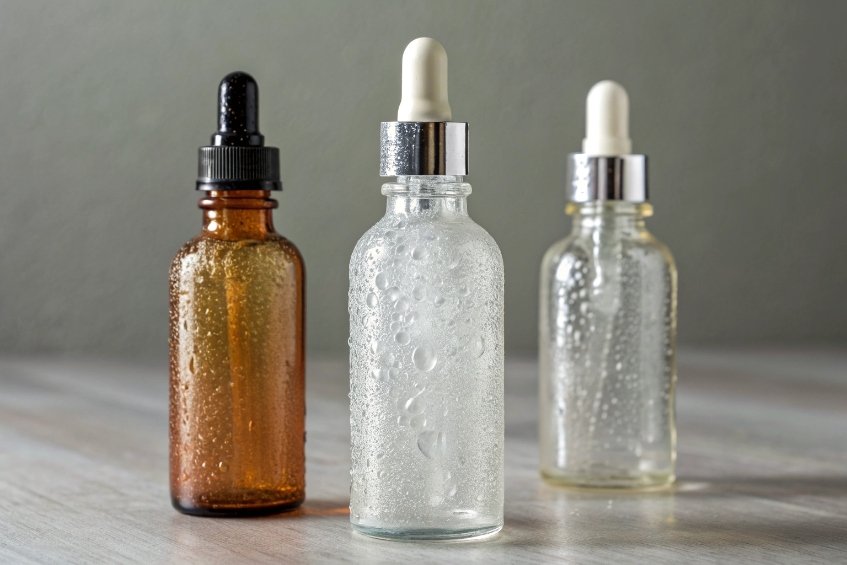Amber and clear cosmetic glass dropper bottles for serum and essential oil packaging