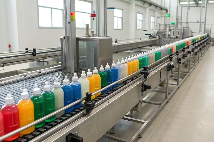 Colorful detergent bottles moving on automated liquid filling and packaging conveyor line