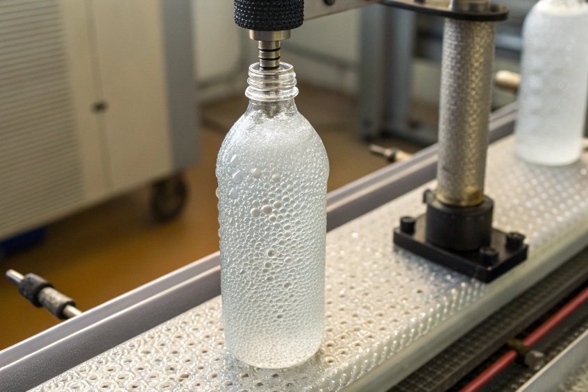 Automatic filling machine dispensing foaming liquid into clear glass bottle on production line