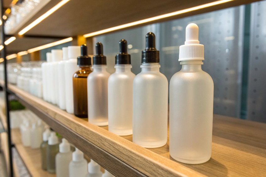Frosted and amber glass dropper bottles displayed on shelf for cosmetic packaging selection