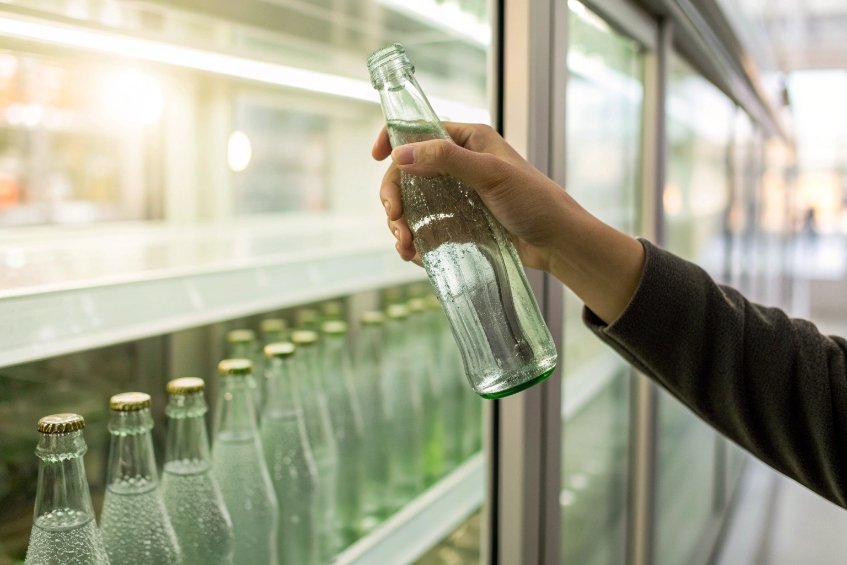Customer hand picking clear glass beverage bottle from refrigerated store display