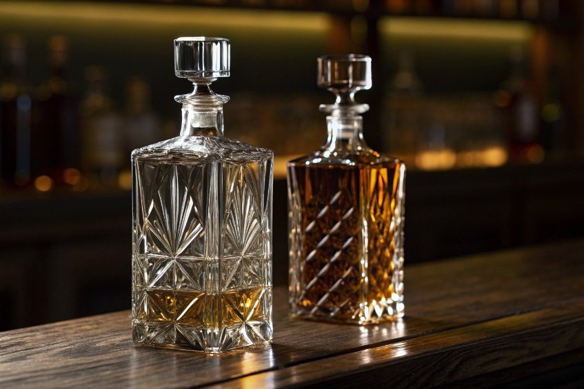 Elegant cut glass whisky decanters filled with amber spirits on bar counter