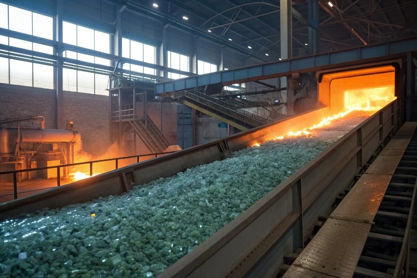 Recycled glass cullet moving on conveyor belt into high temperature melting furnace