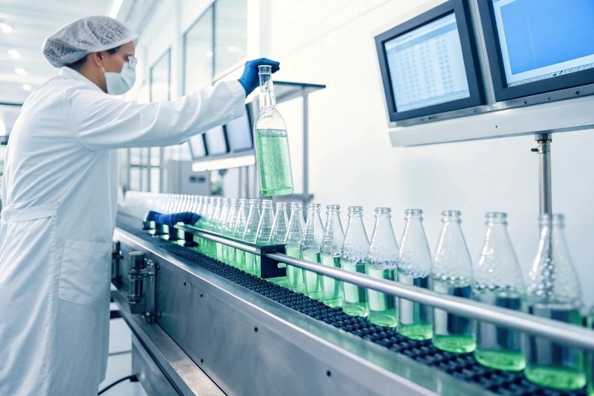 Lab technician inspecting green liquid glass bottles on automated filling line with quality control monitors