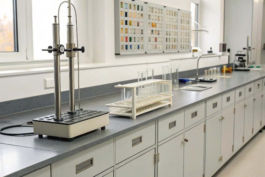 Clean quality control laboratory with glass test tubes, measuring equipment and sample containers on counter