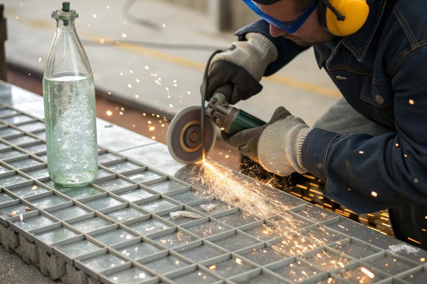 Industrial worker using grinder cutting metal grate with sparks flying beside filled glass bottle