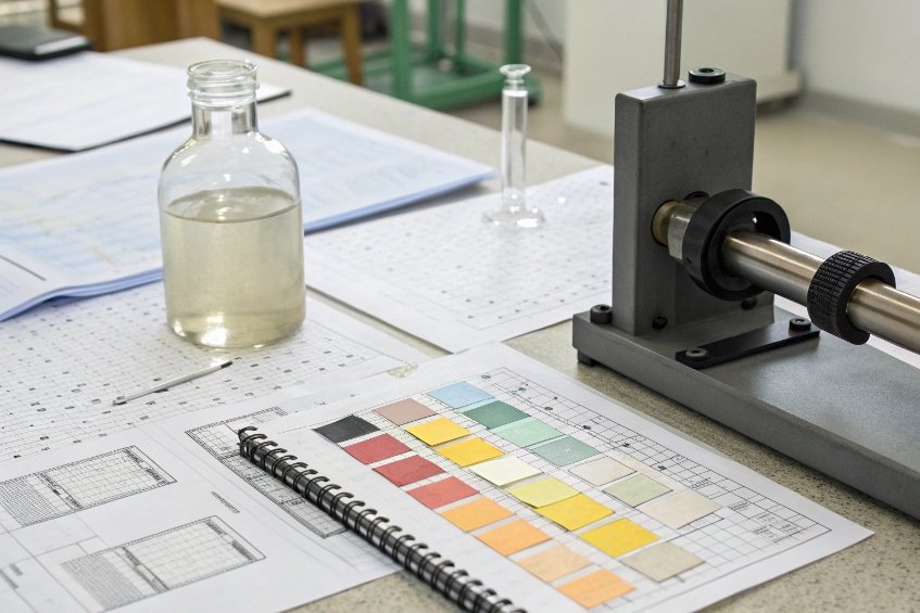 Glass bottle sample and color charts on laboratory desk for packaging material analysis