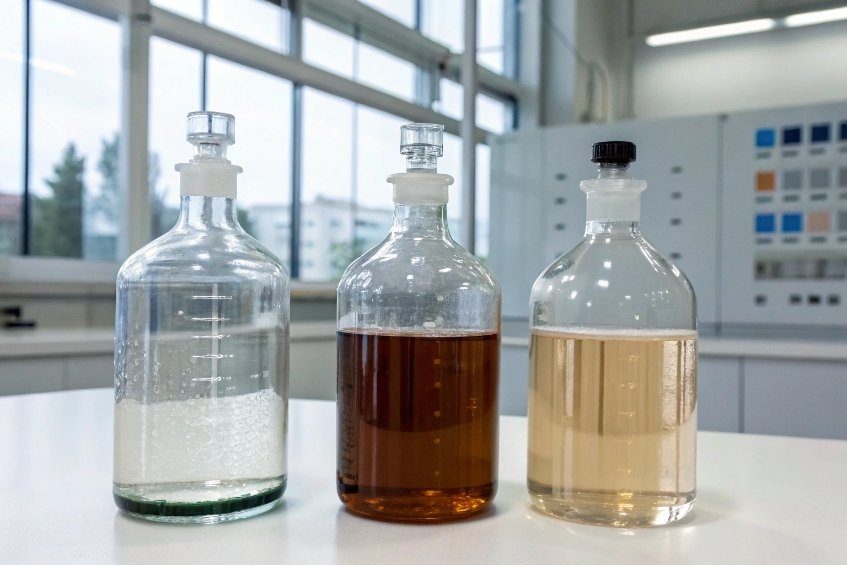 Three laboratory glass reagent bottles with different colored liquid samples on white lab table