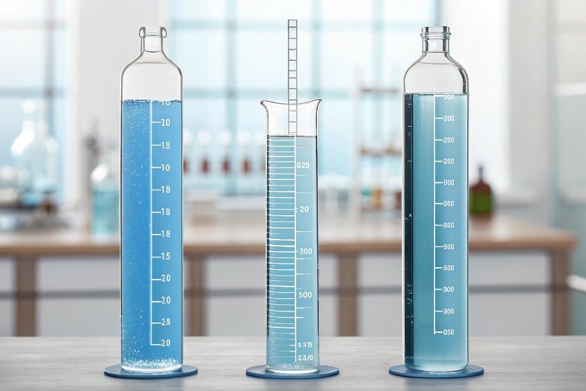 Tall graduated glass cylinders filled with blue test liquid for volume measurement in laboratory