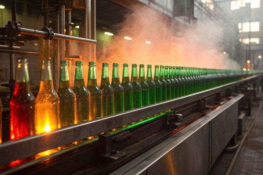 Colored beverage glass bottles moving on hot steam tunnel conveyor in bottling factory