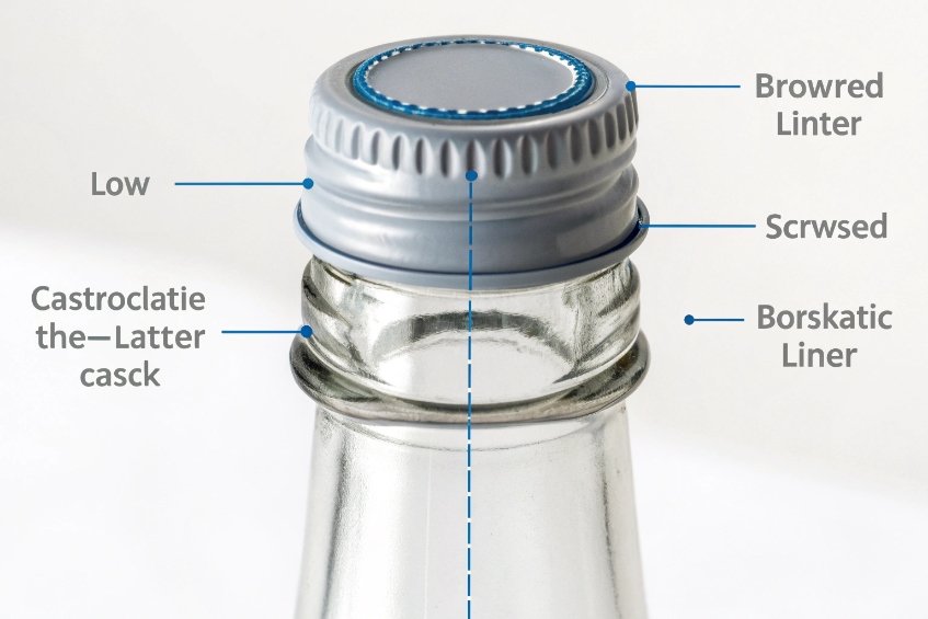 Closeup diagram of aluminum screw cap components on clear glass beverage bottle neck