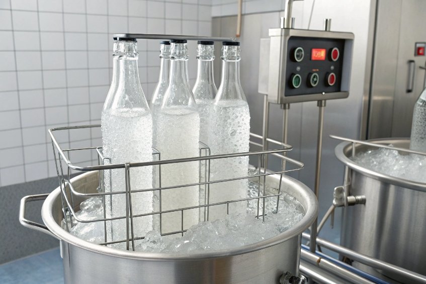 Glass beverage bottles in metal basket undergoing cooling test in ice water bath