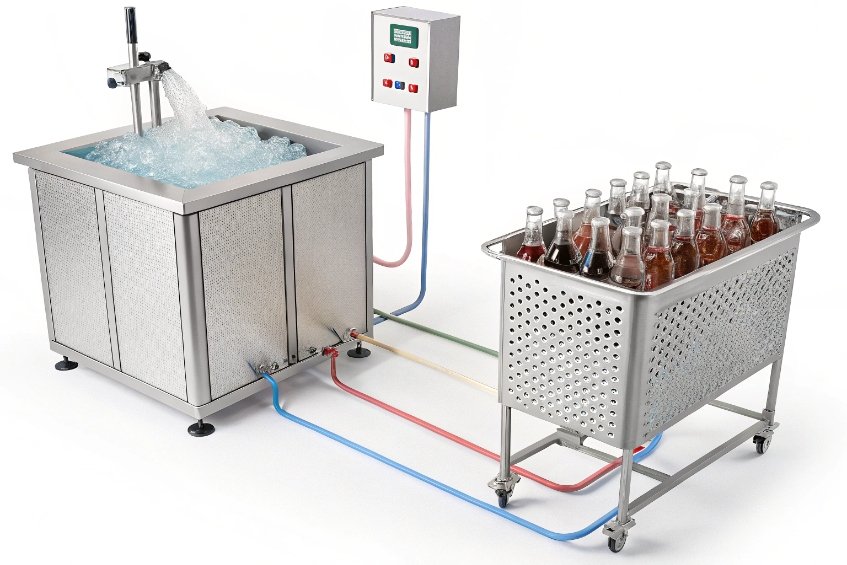 Stainless water bath cooling system with control panel and trolley of filled glass bottles