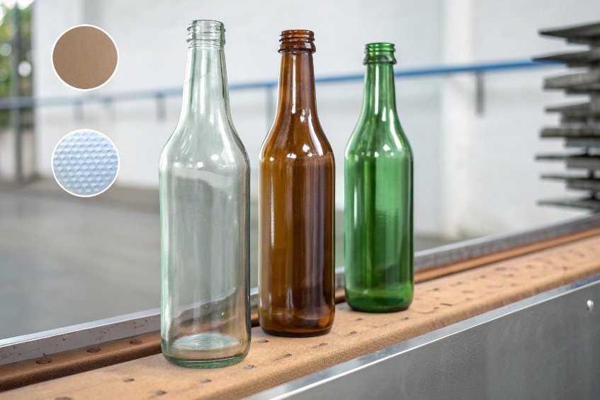 Clear amber and green glass beverage bottles on conveyor with packaging material texture samples